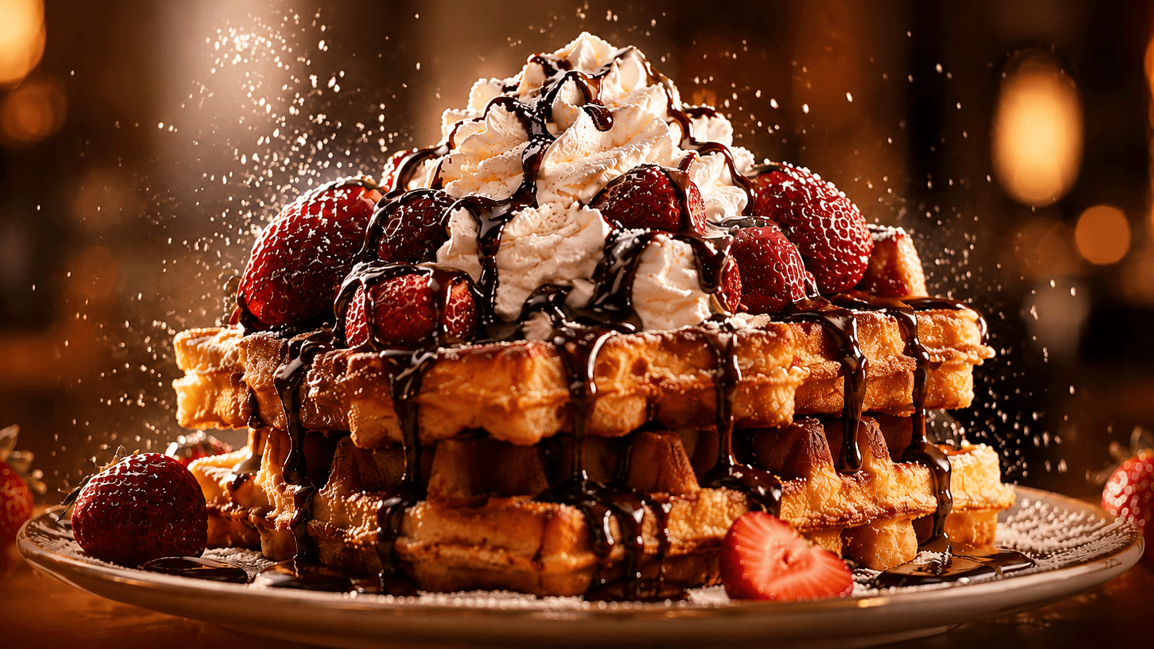 Gaufre généreuse avec fraises, chocolat et chantilly